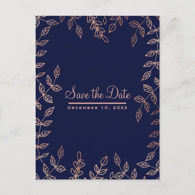 Postal De Anuncios Blue & Rosa Gold Glam Botanical Save the Date (Anverso)