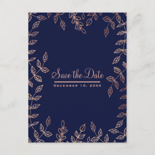 Postal De Anuncios Blue & Rose Gold Glam Botánico Save the Date