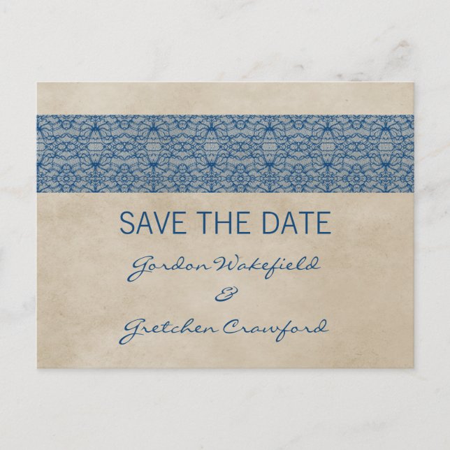 Postal De Anuncios Blue Rustic Lace Save the Date Postcard (Anverso)