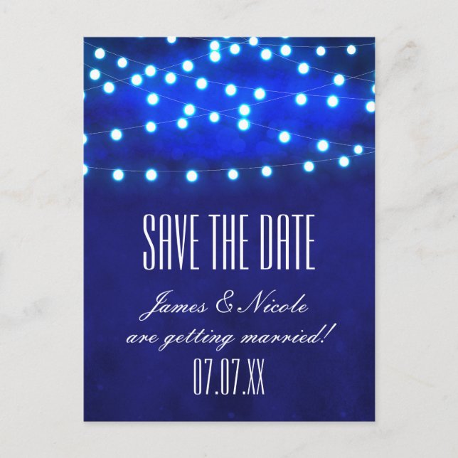 Postal De Anuncios Blue Rustic Night String Lights Save Date Postcard (Anverso)