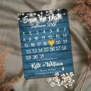 Postal De Anuncios Blue Rustic Wood Gold Heart Calendar Save the Date
