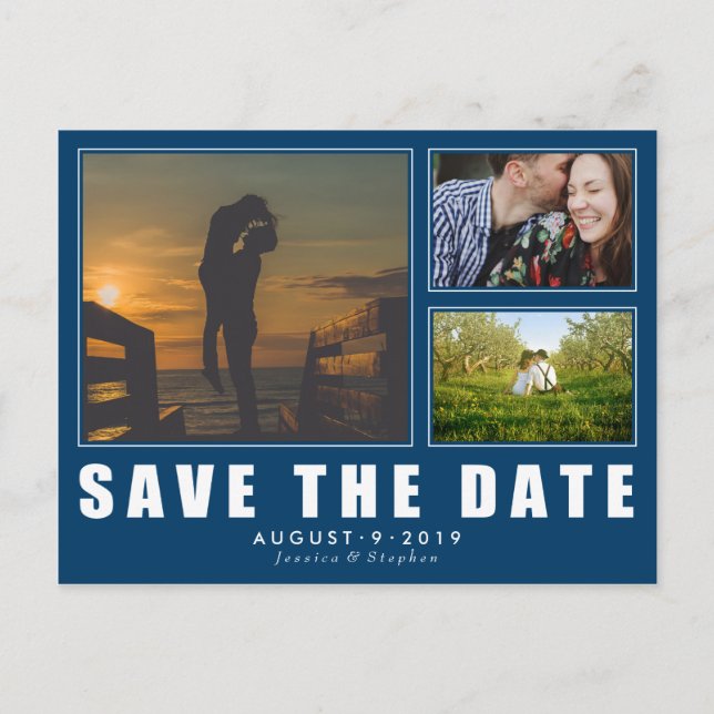 Postal De Anuncios Blue Save The Date 3 Photo Moderne Postcard (Anverso)