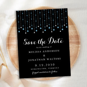 Postal De Anuncios Blue Silver Stars String Lights Save the Date