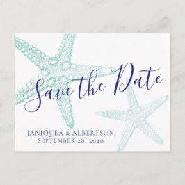 Postal De Anuncios Blue Starfish Beach Wedding Save the Date Postcard