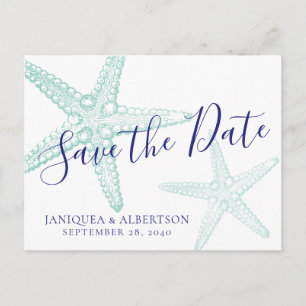 Postal De Anuncios Blue Starfish Beach Wedding Save the Date Postcard