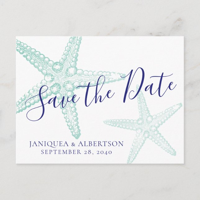 Postal De Anuncios Blue Starfish Beach Wedding Save the Date Postcard (Anverso)