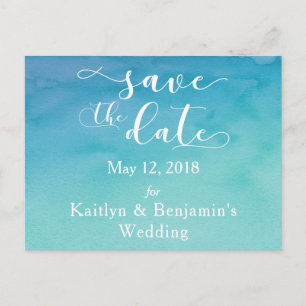 Postal De Anuncios Blue & Teal Ombre Aquarela Salva la Fecha 3