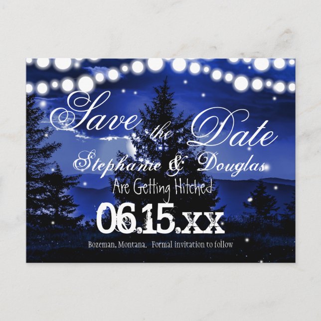 Postal De Anuncios Blue Tree Twinkle Lights Save the Date Postcards (Anverso)