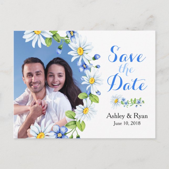 Postal De Anuncios Blue White Daisy Photo Wedding Guardar la fecha (Anverso)