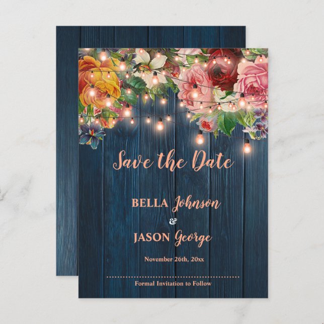 Postal De Anuncios Blue Wood Floral Lights Wedding Save The Date (Anverso / Reverso)