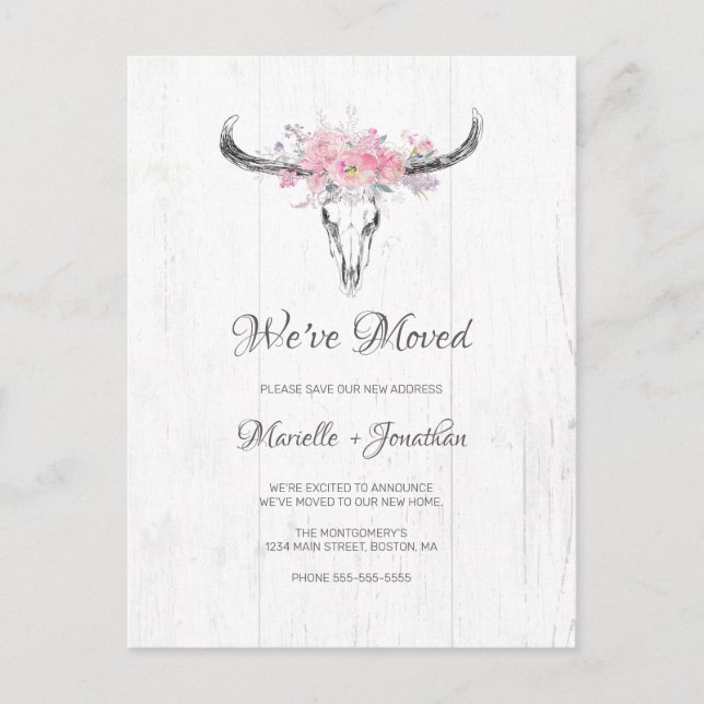 Postal De Anuncios Blush Floral Boho Cráneo de Vaca Rústico para Muda (Anverso)