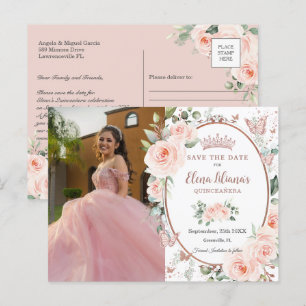 Postal De Anuncios Blush Floral Rosa Dorado Mariposas Quinceañera