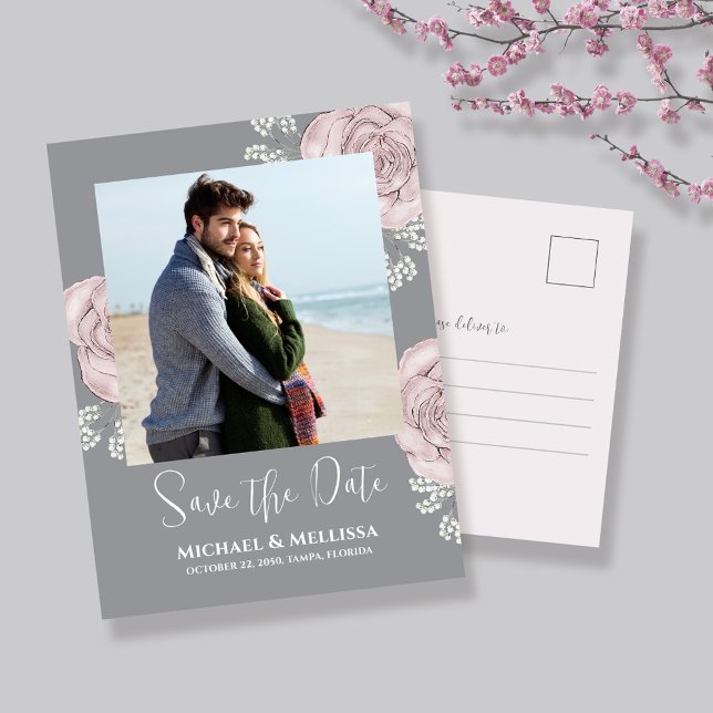Postal De Anuncios Blush Pink Floral Wedding Save the Date Photo (Wedding save the date photo postcard.)