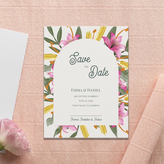 Postal De Anuncios Blush Pink Lily Arched Wedding Save the Date (Blush Pink Lily Arched Save the Date | Romantic Botanical Floral Arch Garden Wedding Announcement )