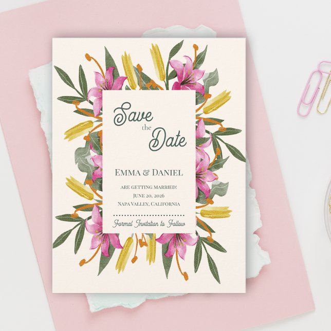 Postal De Anuncios Blush Pink Lily Botanical Romantic Wedding (Blush Pink Lily Botanical Save the Date | Romantic Watercolor Floral Garden Wedding Announcement)