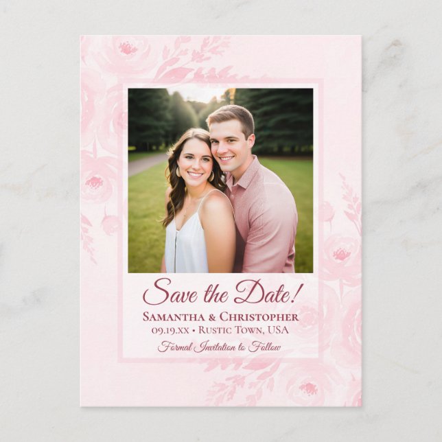 Postal De Anuncios Blush Pink Peonies & Photo Wedding Save the Date (Anverso)