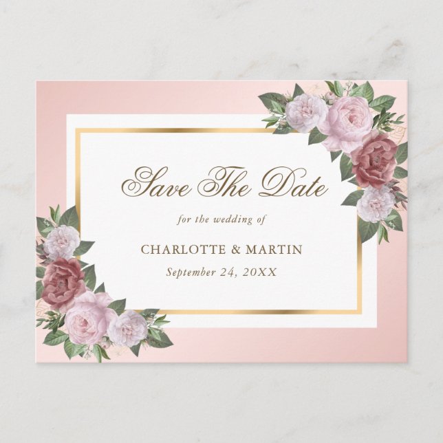 Postal De Anuncios Blush Rosa Dorado Floral Boda Save The Date (Anverso)