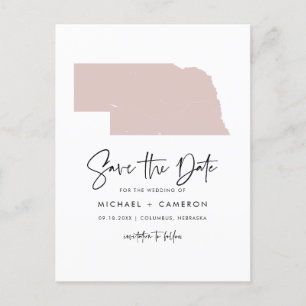 Postal De Anuncios Blush Rosa Mapa de Nebraska Guión Guardar la Fecha