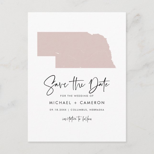 Postal De Anuncios Blush Rosa Mapa de Nebraska Guión Guardar la Fecha (Anverso)