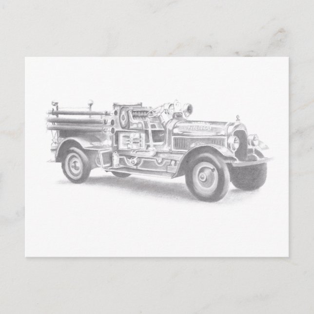 Postal De Anuncios boceto a lápiz de camión de bomberos antiguo dibuj (Anverso)