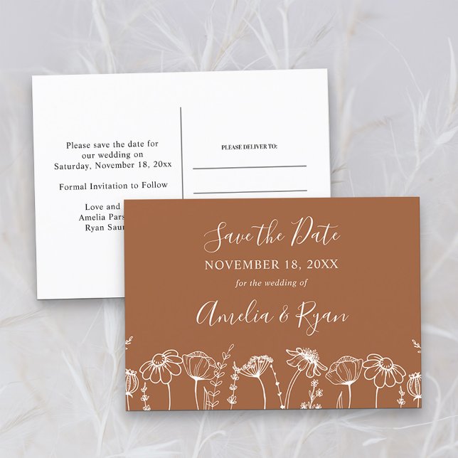 Postal De Anuncios Boceto de flor silvestre Naranja quemada Guardar l (Save the Date Postcard in Terracotta Burnt Orange, from my Wildflower Sketch collection)