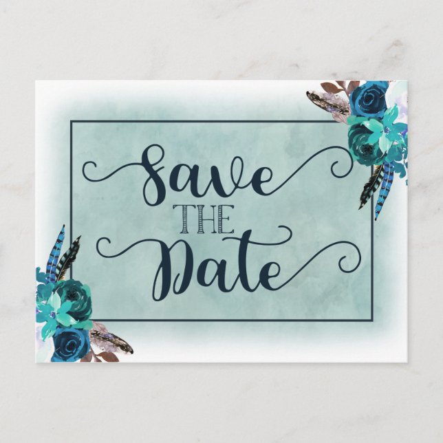 Postal De Anuncios Boda acuarela marina azul y acuática salva la fech (Anverso)