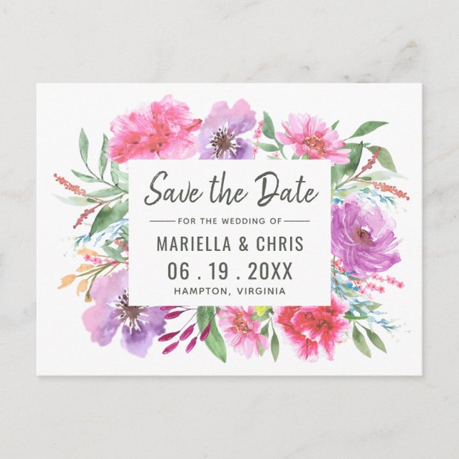 Postal De Anuncios Boda acuarela moderna salva la fecha con foto (Anverso)