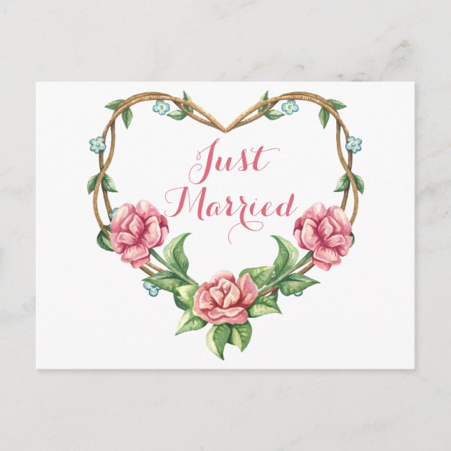Postal De Anuncios Boda acuarela rosa floral recién casados (Anverso)