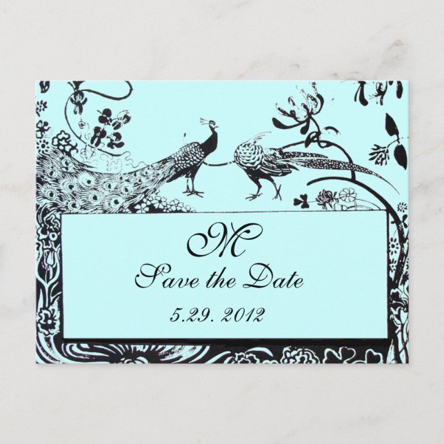 Postal De Anuncios BODA AMOR AVES MONOGRAM azul negro y blanco (Anverso)