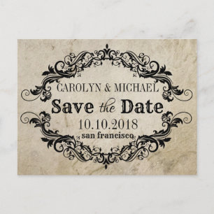 Postal De Anuncios Boda antigua de Swirl y Flourish Guardar la fecha