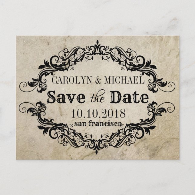 Postal De Anuncios Boda antigua de Swirl y Flourish Guardar la fecha (Anverso)