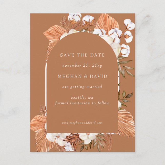Postal De Anuncios Boda arcaico de Terracota Rústica Boho Pampas (Anverso)