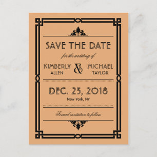 Postal De Anuncios Boda Art Déco Moderna Vintage en Oro y Negro