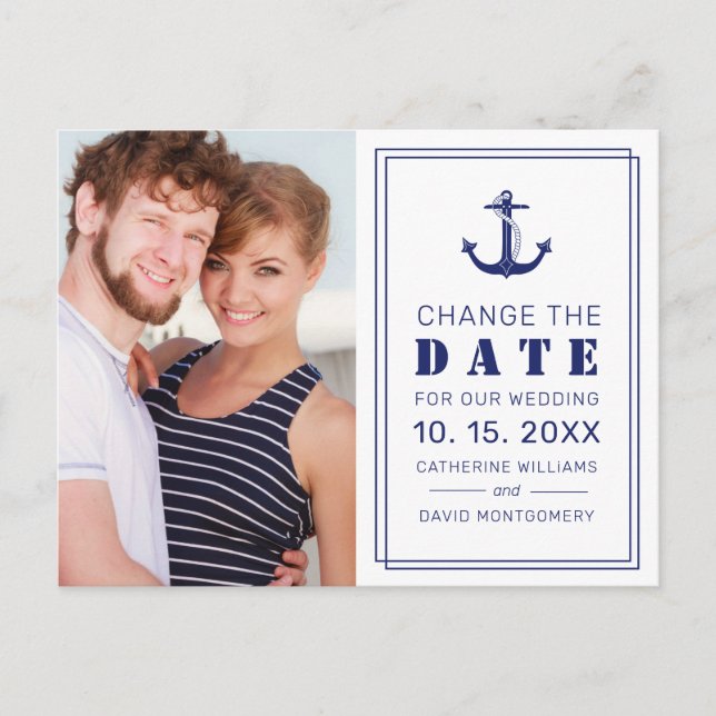 Postal De Anuncios Boda azul de anclaje náutico cambia la fecha (Anverso)