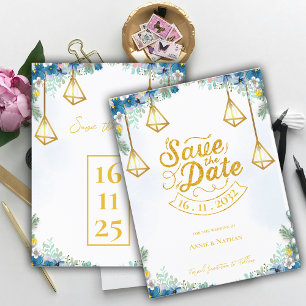 Postal De Anuncios Boda Azul de Moda Amarillo Floral con Faroles