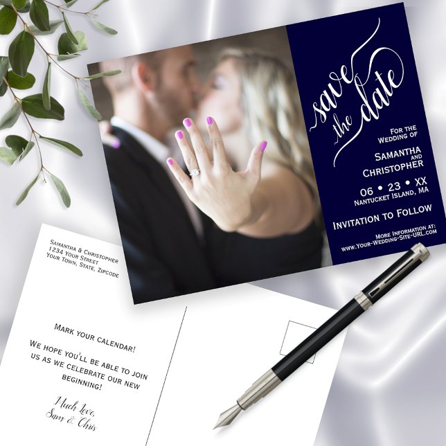 Postal De Anuncios Boda azul marina salva caligrafía de foto de fecha (Front and Back)