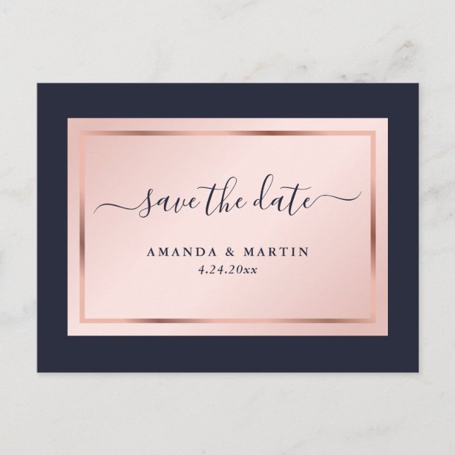 Postal De Anuncios Boda Azul Marino Rosado Dorado Guardar la Fecha (Anverso)