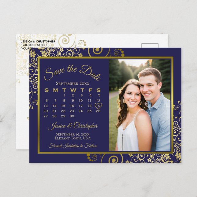 Postal De Anuncios Boda Azul Marino y Dorado Calendario de Guardar la (Anverso / Reverso)