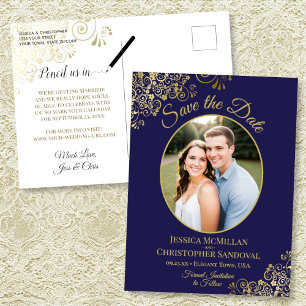 Postal De Anuncios Boda Azul Marino y Dorado Guardar la Fecha Foto Ov