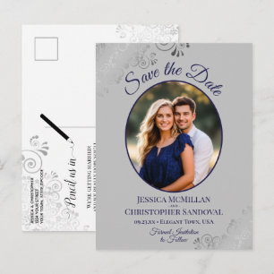 Postal De Anuncios Boda Azul Marino y Gris Foto de Save the Date de L