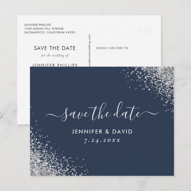 Postal De Anuncios Boda Azul Marino y Plata con Brillo Save The Date (Anverso / Reverso)