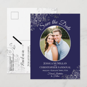 Postal De Anuncios Boda Azul Marino y Plata Guardar la Fecha Foto