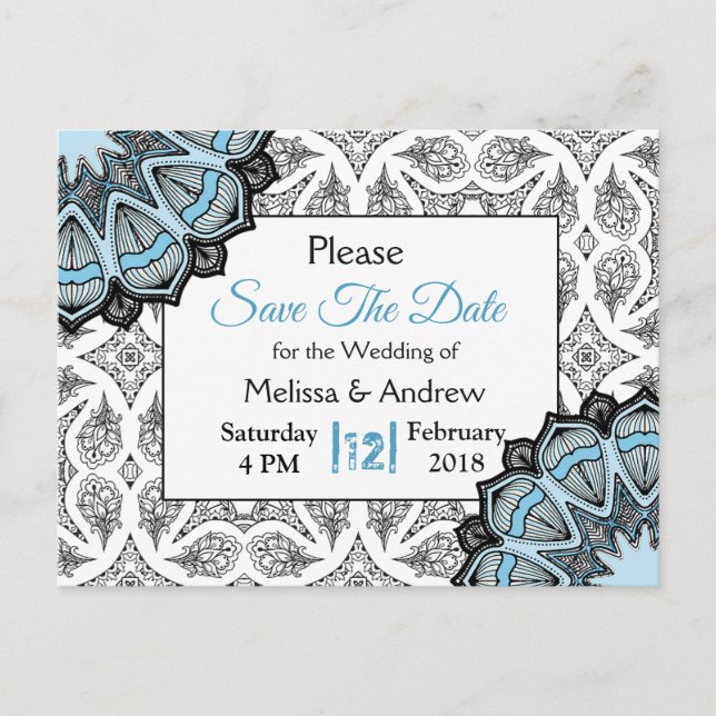 Postal De Anuncios Boda azul, negra y blanca salva la fecha (Anverso)