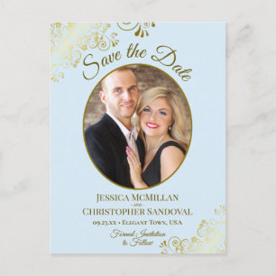 Postal De Anuncios Boda azul pálido y oro salva la foto de la fecha d
