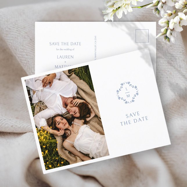 Postal De Anuncios Boda azul y blanco Boda floral monogramado (Subido por el creador)