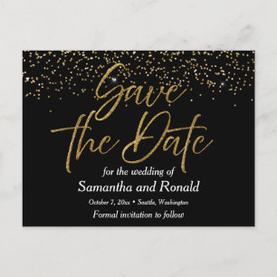 Postal De Anuncios Boda Black & Gold Glitter Save The Date