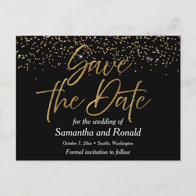 Postal De Anuncios Boda Black & Gold Glitter Save The Date (Anverso)