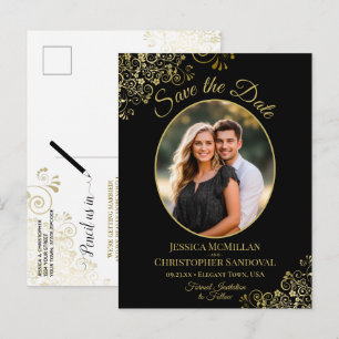 Postal De Anuncios Boda Black & Gold Save the Date Foto Oval