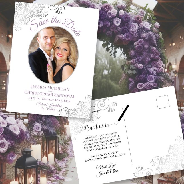 Postal De Anuncios Boda blanca gris de encaje morado salva la foto de (Front/Back)