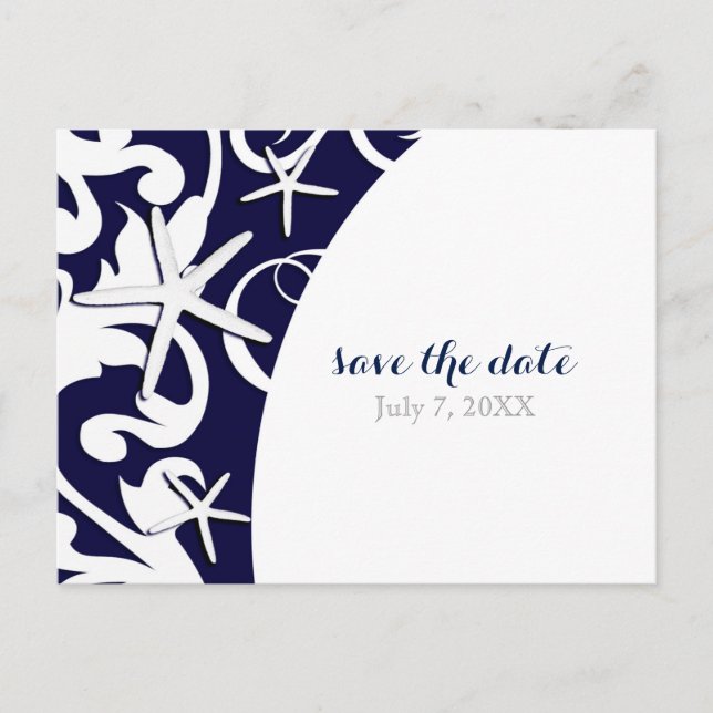Postal De Anuncios Boda Blanca Starfish Blue Beach Save The Date (Anverso)